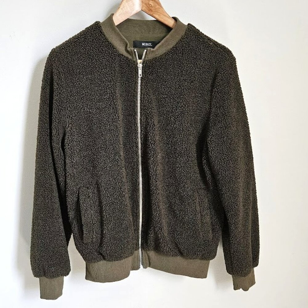 Mirol Army Green Sherpa Fleece Zip Up Bomber Jacket Coat Medium